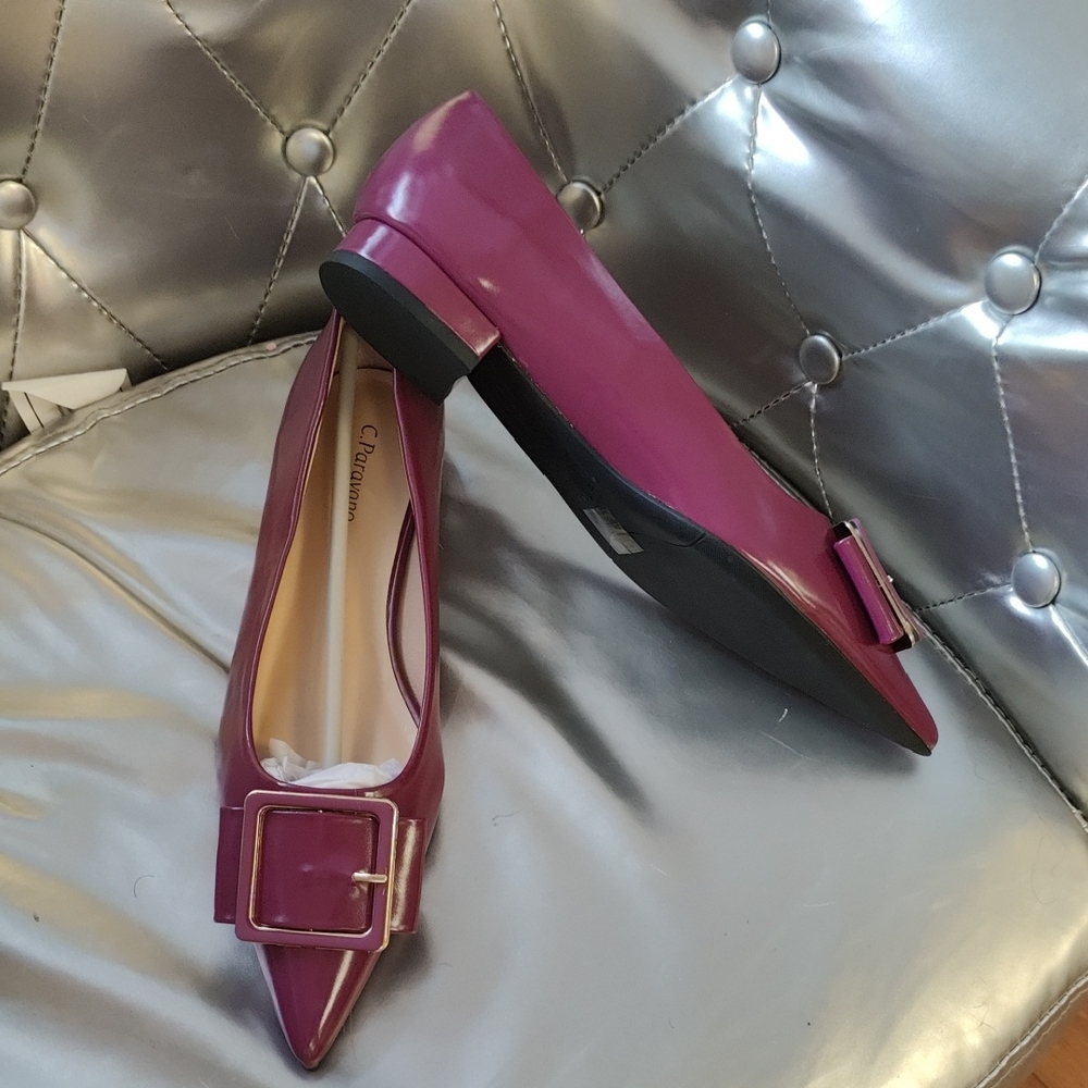 Paravano Pointed Buckle Flats in Magenta by C. Pansan